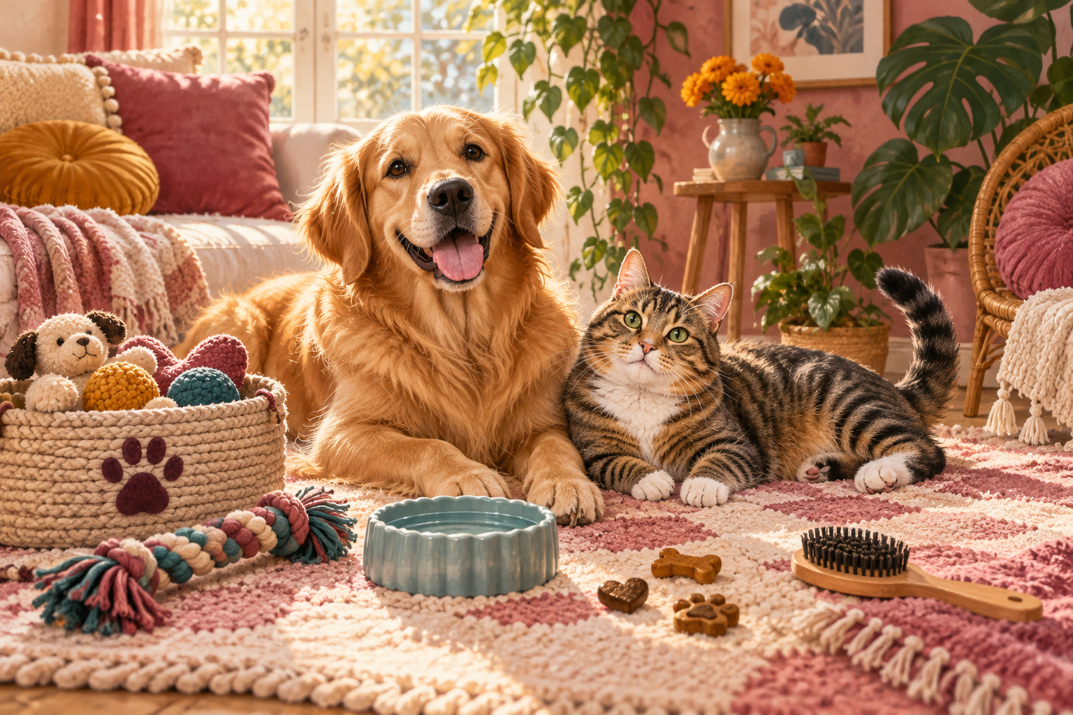 A golden retriever and tabby cat relaxing together in a warm, colorful pet-friendly room